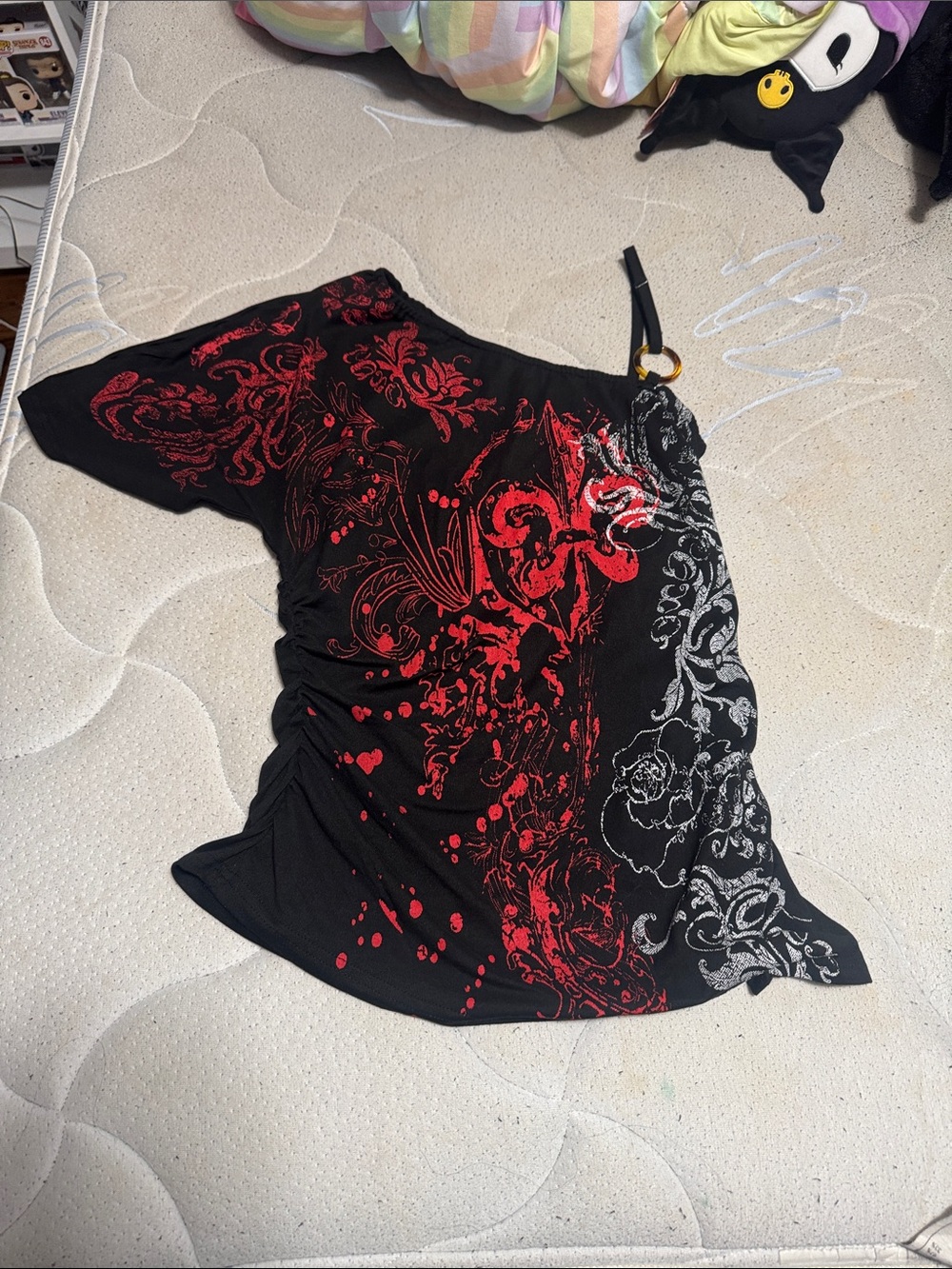 Women’s One-Shoulder Black Top with Red & Silver Floral Print